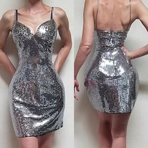 VINTAGE Roberta Silver Disco Ball Sequin Spaghetti Strap V-neck Mini Dress 14